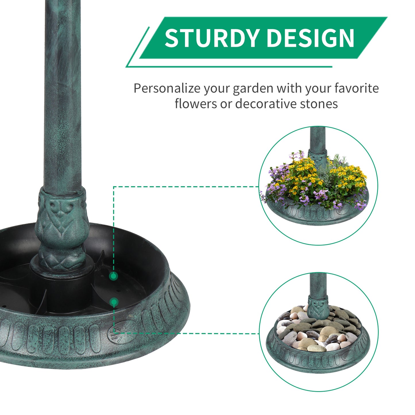 Dark Green With Solar Lights, Bird Bath Tub