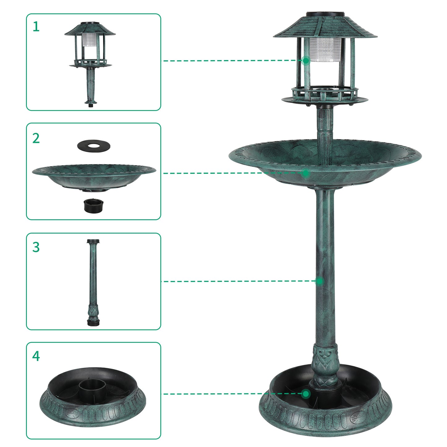 Dark Green With Solar Lights, Bird Bath Tub