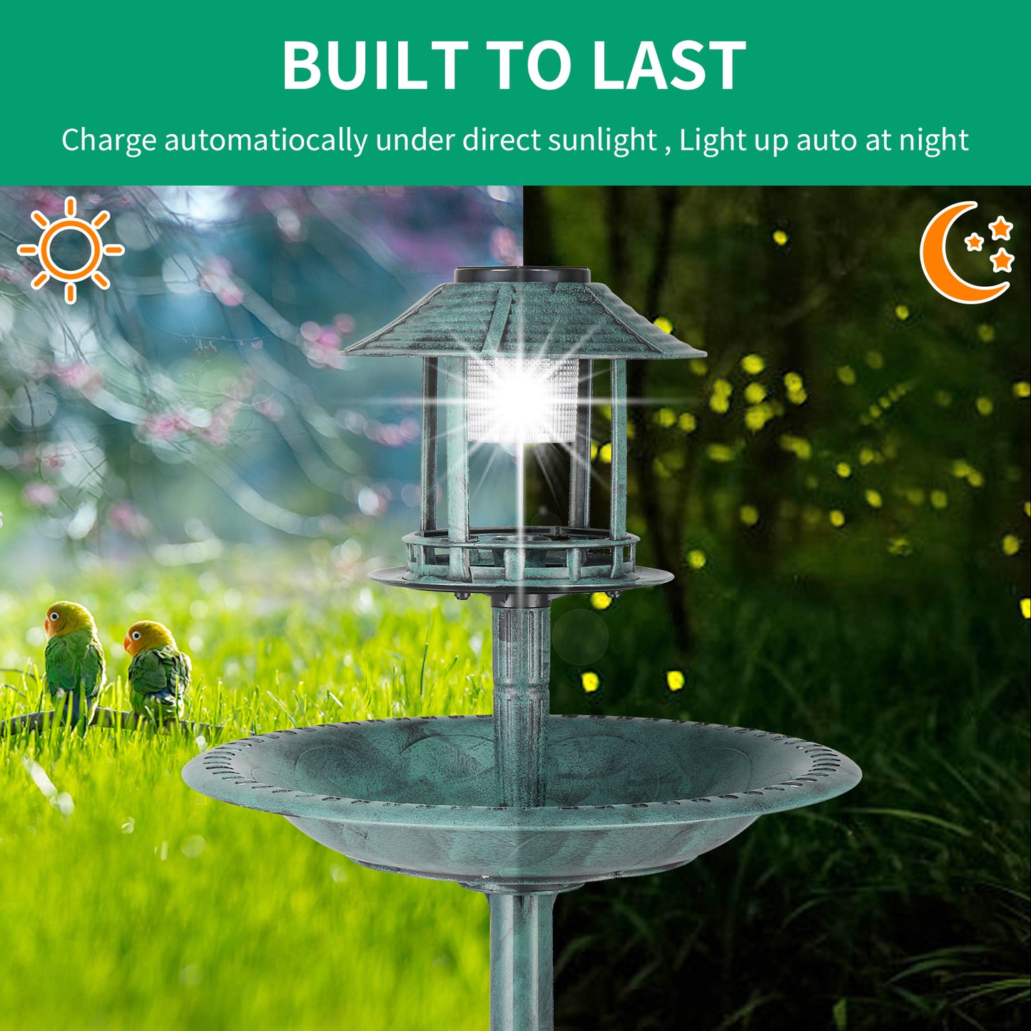 Dark Green With Solar Lights, Bird Bath Tub