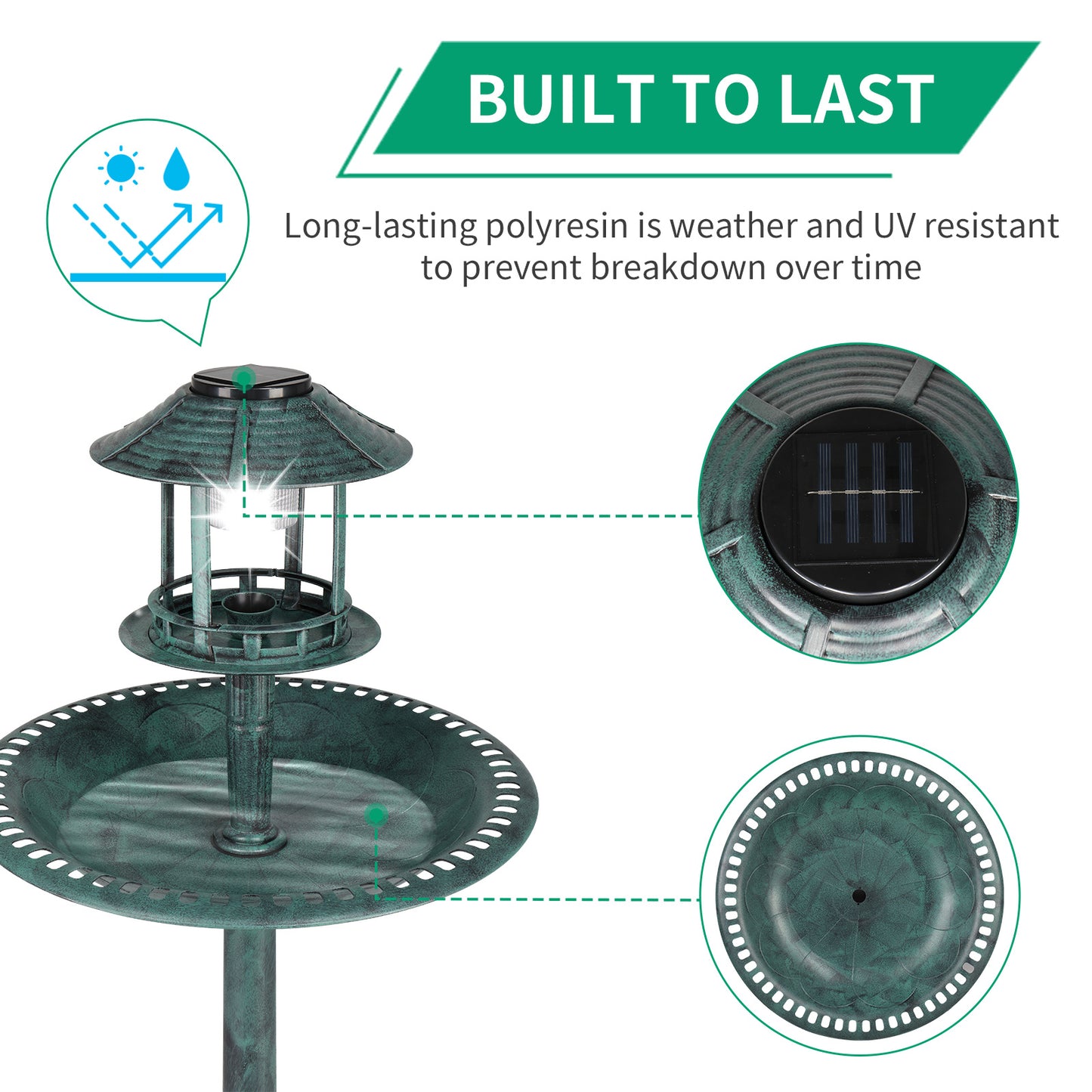 Dark Green With Solar Lights, Bird Bath Tub