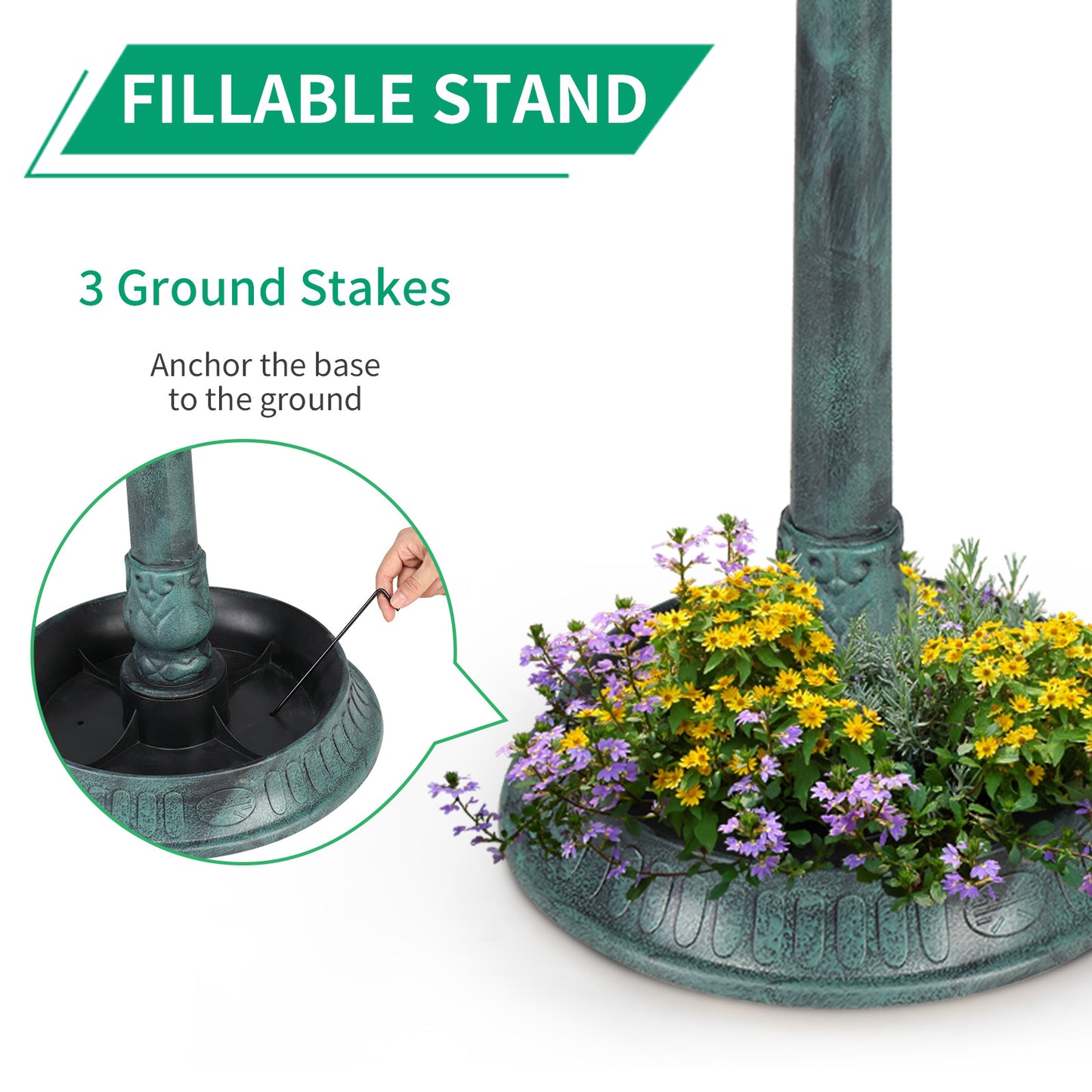 Dark Green With Solar Lights, Bird Bath Tub